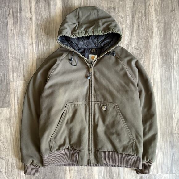 Vintage Carhartt Jacket Active Size L Brown Zip Up Hooded Canvas 1990s - Picture 1 of 9